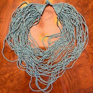 Oversized Multi-Strand Beaded Bib Necklace – Turquoise